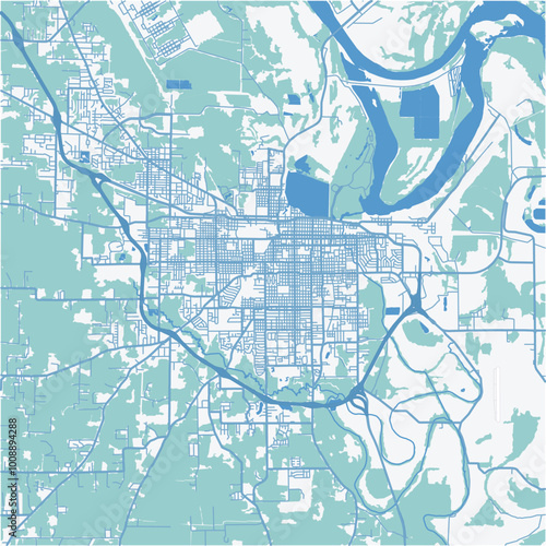 Map of Pine Bluff in Arkansas in a professional blue style. Contains layered vector with roads water, parks, etc.