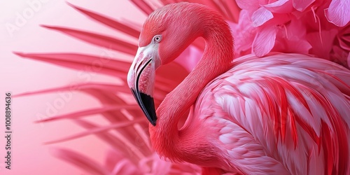 A regal pink flamingo is displayed against a backdrop of detailed, pink-textured foliage with elegance.