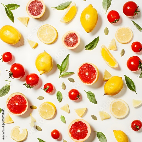 Flat Lay of Yellow and Red Food on White Background - Colorful and Fresh Culinary Composition