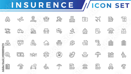 Insurance icons as insurance cover, home injury, accidental insurance. Insurance thin line icons set