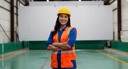 Happy Mexican female industrial worker smiling towards the camera, empty backdrop for branding