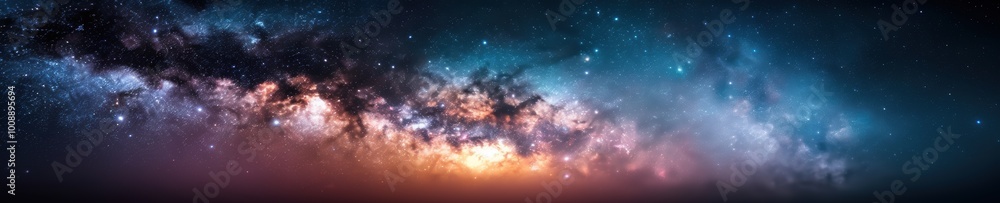 Panoramic view of vibrant cosmic galaxy with stars and nebulae. Astrophotography concept. Panoramic view of vibrant cosmic galaxy with stars and nebulae. Astrophotography concept.