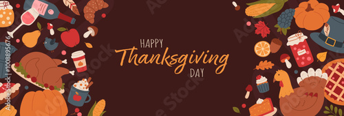 Thanksgiving day banner with harvest festive elements, turkey, corn, pumpkin, pie, wine, leaves, coffee, wine. Autumn holiday web background, card, poster, ads. Hand drawn vector flat illustration photo