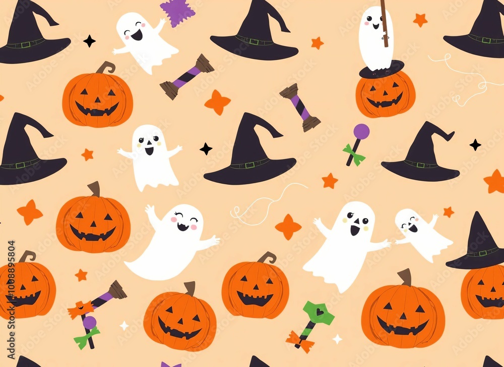 Illustration of Halloween items scattered on a light orange background Illustration of Halloween items scattered on a light orange background