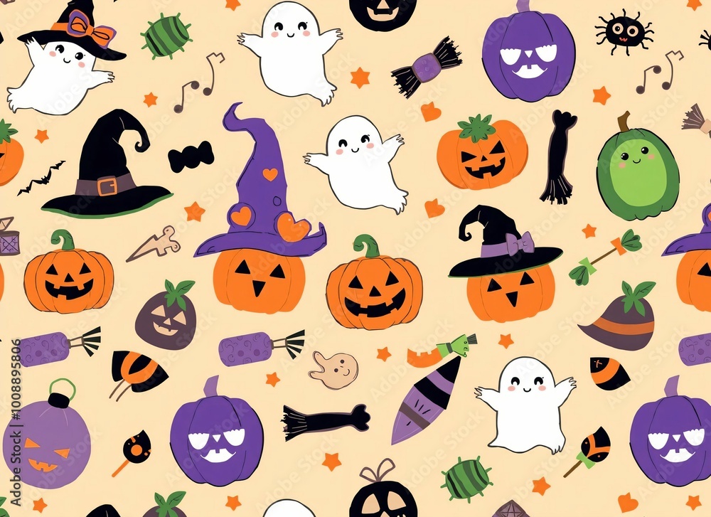 Fototapeta premium Illustration of Halloween items scattered on a light orange background