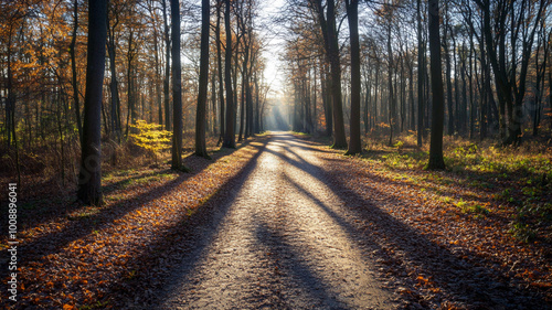 A serene forest pathway illuminated by sunlight filtering through autumn trees in late afternoon