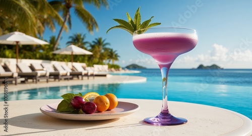 Lavender cocktail glass resting on a poolside table at a tropical beach resort