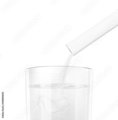 Stick pack pouring powder product in clear glass with liquid. Vector illustration isolated on a white background. Ready for use in presentation, promo, advertising and more. EPS10.
