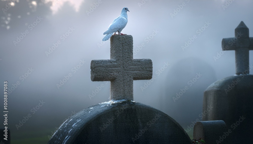 White Dove: Holy Spirit. Dove Perched on a Cross in the Fog. White Dove: Holy Spirit. Dove Perched on a Cross in the Fog.