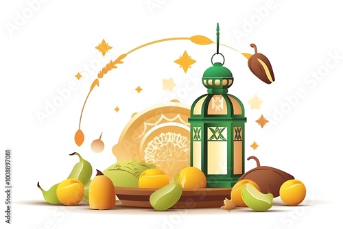 Islamic Eid cute lantern ‍and fruit. Seasoning ‍and crescent moon and vector Illustration White background.
 photo