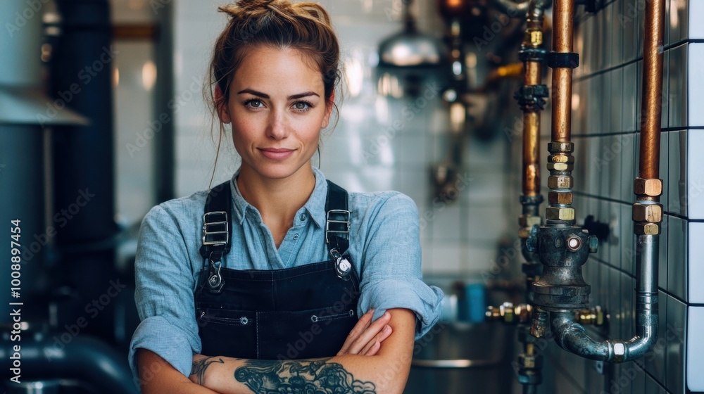 Fototapeta premium Confident female barista in coffee shop. Studio portrait with industrial background