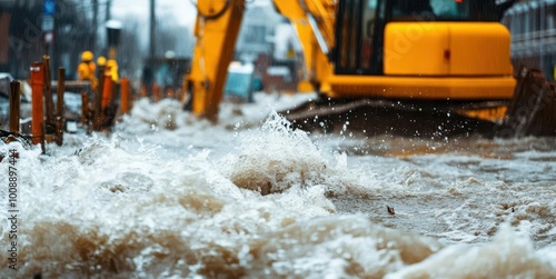 Flooded city street with construction equipment