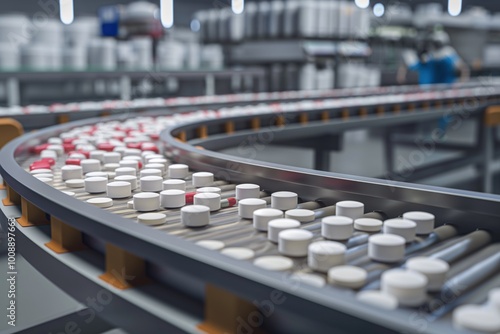 Pharmaceutical facility with pills, medicine on conveyor belt. Automated process for manufacturing, packaging, distribution of medication. High-precision machinery for dosage, quality control.