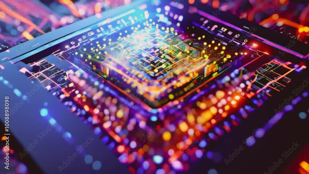 A close-up of a computer chip on a circuit board, showcasing intricate electronic pathways. A close-up of a computer chip on a circuit board, showcasing intricate electronic pathways.
