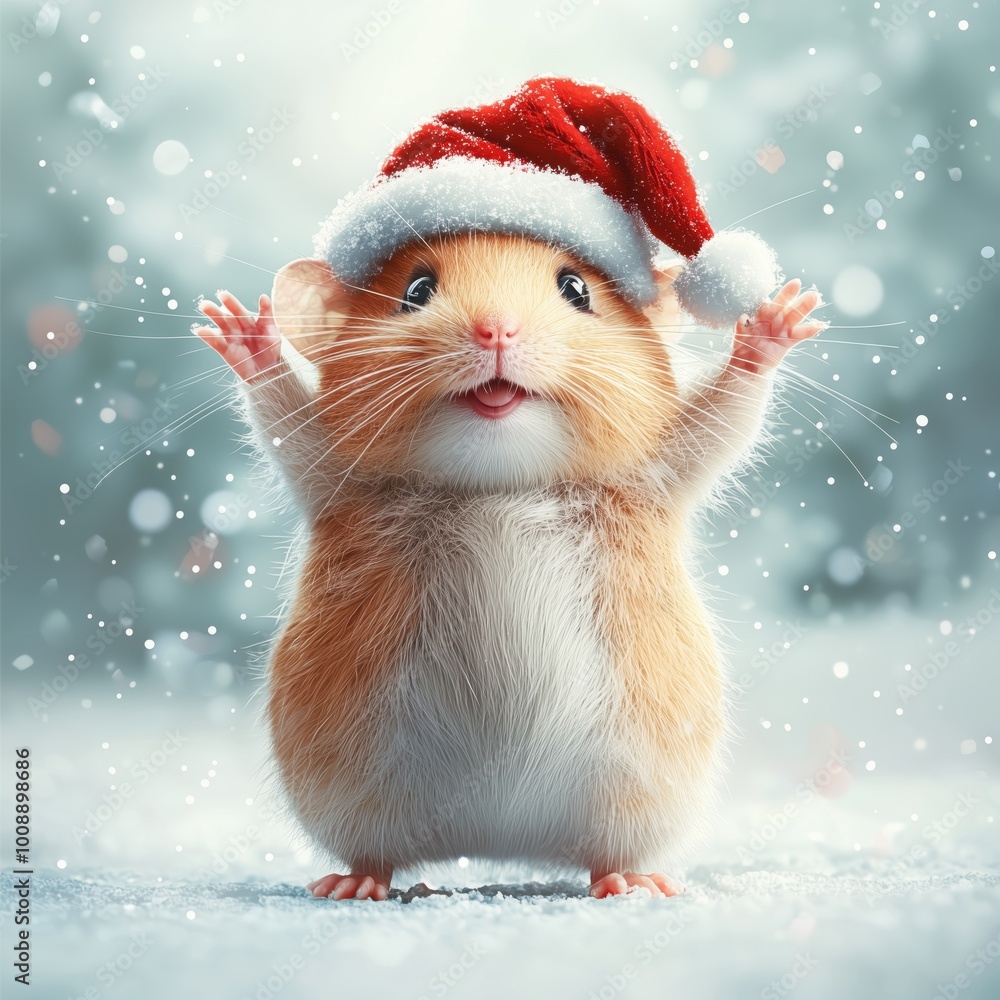 A cute hamster wearing a red Santa hat, joyfully raising its paws in a snowy winter scene, surrounded by falling snowflakes, conveying a festive holiday spirit. A cute hamster wearing a red Santa hat, joyfully raising its paws in a snowy winter scene, surrounded by falling snowflakes, conveying a festive holiday spirit.