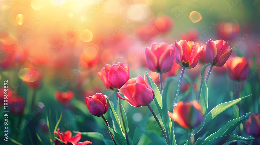 Floral Background with Vibrant Tulips on a Natural Landscape - Spring Bloom and Nature Beauty Floral Background with Vibrant Tulips on a Natural Landscape - Spring Bloom and Nature Beauty