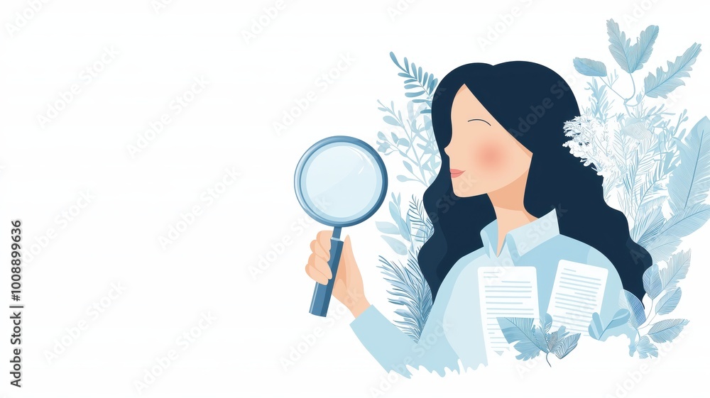 A woman holding a magnifying glass and documents, surrounded by foliage. Ideal for themes of research, analysis, and exploration in a tranquil, nature-inspired setting. A woman holding a magnifying glass and documents, surrounded by foliage. Ideal for themes of research, analysis, and exploration in a tranquil, nature-inspired setting.