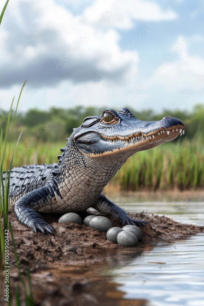 Obraz premium A crocodile resting by the water, guarding its eggs in a natural habitat.