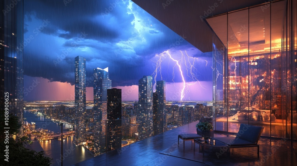Fototapeta premium A Rooftop Terrace Overlooking a Cityscape During a Thunderstorm