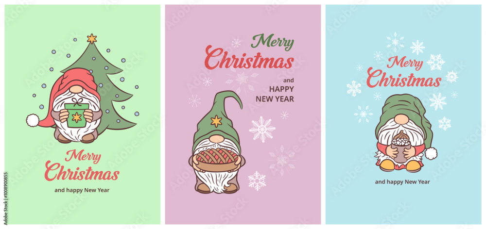 Fun Christmas cards with cute gnome characters. Merry Christmas and Happy New year card designs with Scandinavian gnomes. Winter holiday greeting card templates with text. Fun Christmas cards with cute gnome characters. Merry Christmas and Happy New year card designs with Scandinavian gnomes. Winter holiday greeting card templates with text.
