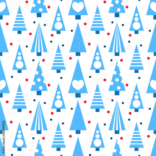 Seamless abstract pattern of blue Christmas trees. Christmas ornament. Minimalism. Vector