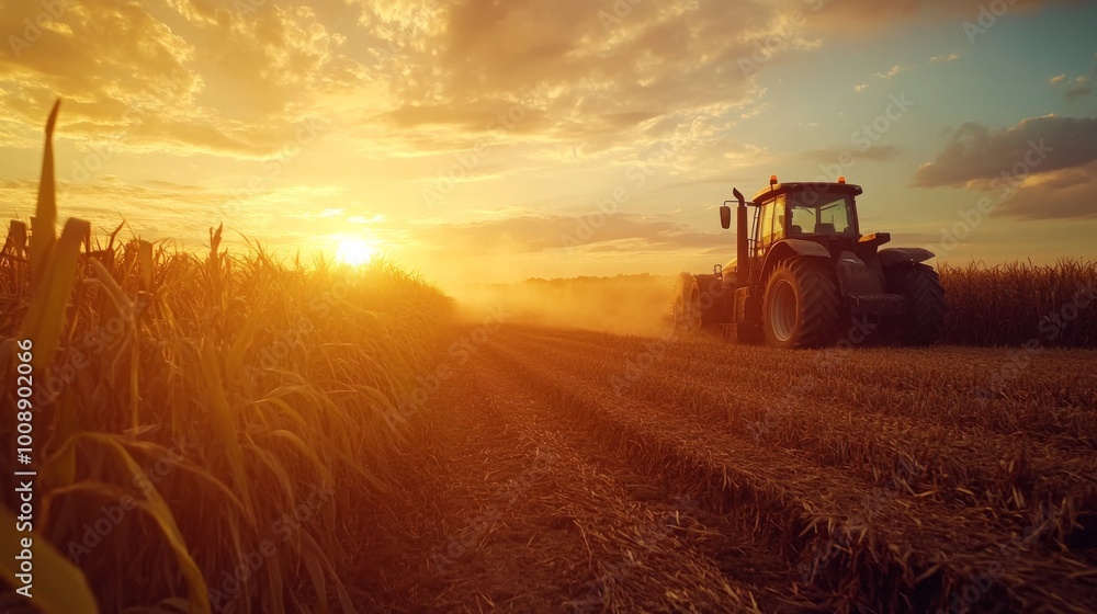 Fototapeta premium Tractor Working at Sunset in a Cornfield