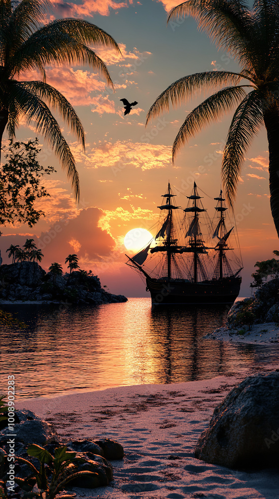 Naklejka premium Secluded Pirate Cove with Docked Ships and Palm Trees at Sunset 