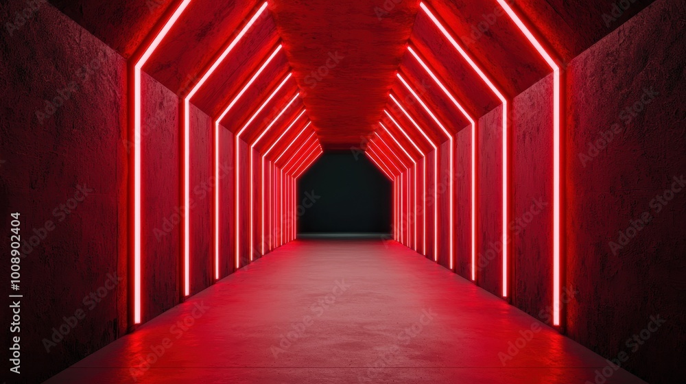 A modern corridor with red neon lights illuminating the angular walls, creating a futuristic atmosphere. A modern corridor with red neon lights illuminating the angular walls, creating a futuristic atmosphere.