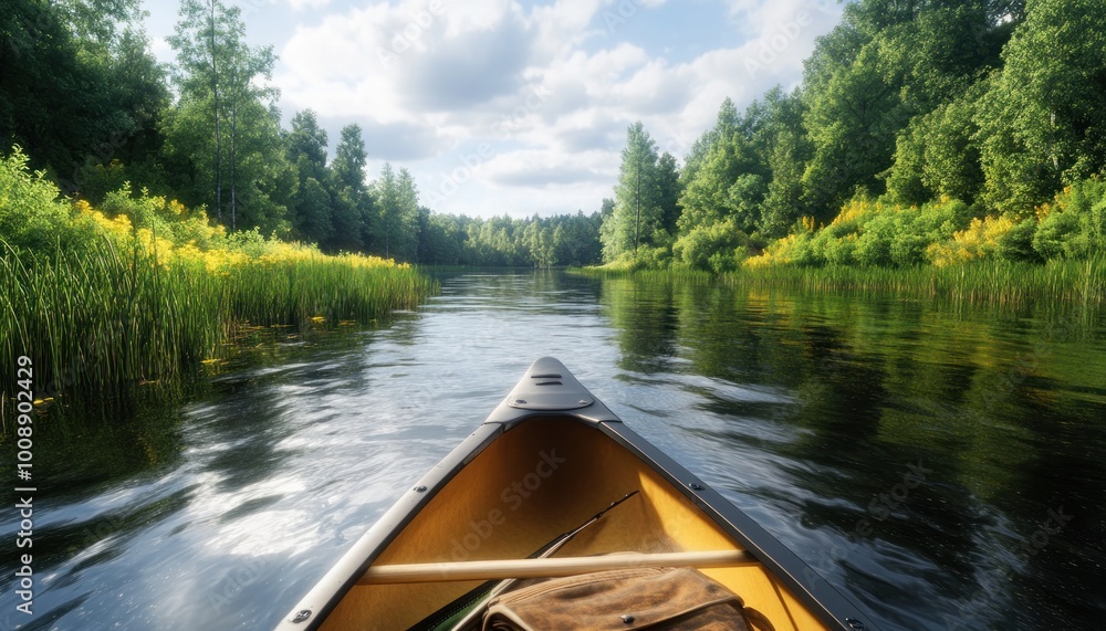 Fototapeta premium Family Canoeing Adventure on a Tranquil Lake Exploring the Beauty of Nature with Fishing by the Reeds