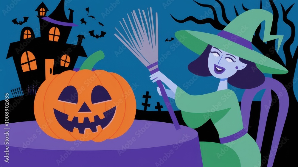 Witch carving a pumpkin for Halloween in a spooky setting. Witch carving a pumpkin for Halloween in a spooky setting.