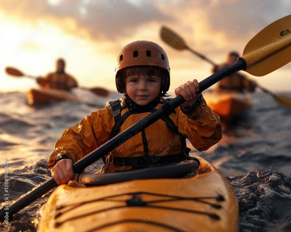 Family kayaking adventure on a peaceful shoreline, parents and kids ...