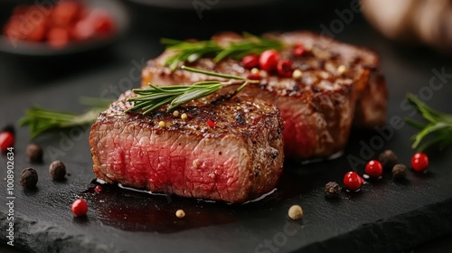 Two juicy beef steaks highlighted against a dark stone background, seasoned with rosemary and colorful peppercorns to create a gourmet culinary experience. photo