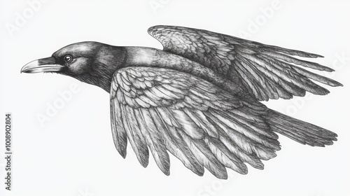 Realistic Detailed Ink Drawing of Common Raven Bird, Isolated Flying Black Crow Illustration
