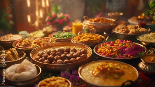 Vibrant Indian Feast with Traditional Dishes and Decor