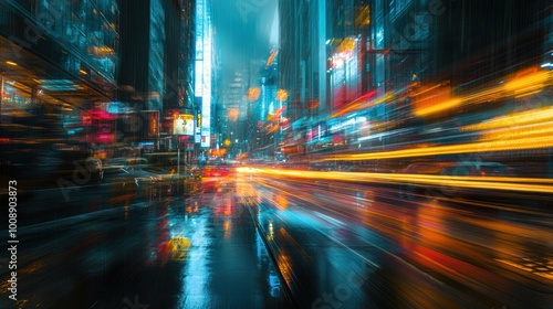 Urban Street with Rain and Light Trails