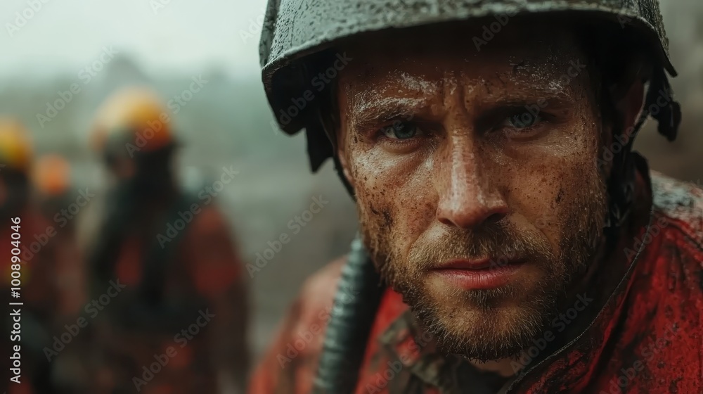 A firefighter, covered in mud, displays determination and unwavering focus as he navigates a challenging environment, showcasing relentless courage. A firefighter, covered in mud, displays determination and unwavering focus as he navigates a challenging environment, showcasing relentless courage.