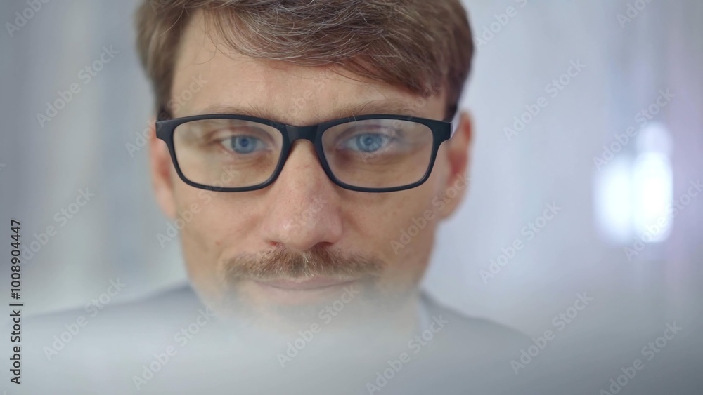 Businessman with glasses looking intently obscured partially by a translucent surface of laptop. Business concept Businessman with glasses looking intently obscured partially by a translucent surface of laptop. Business concept