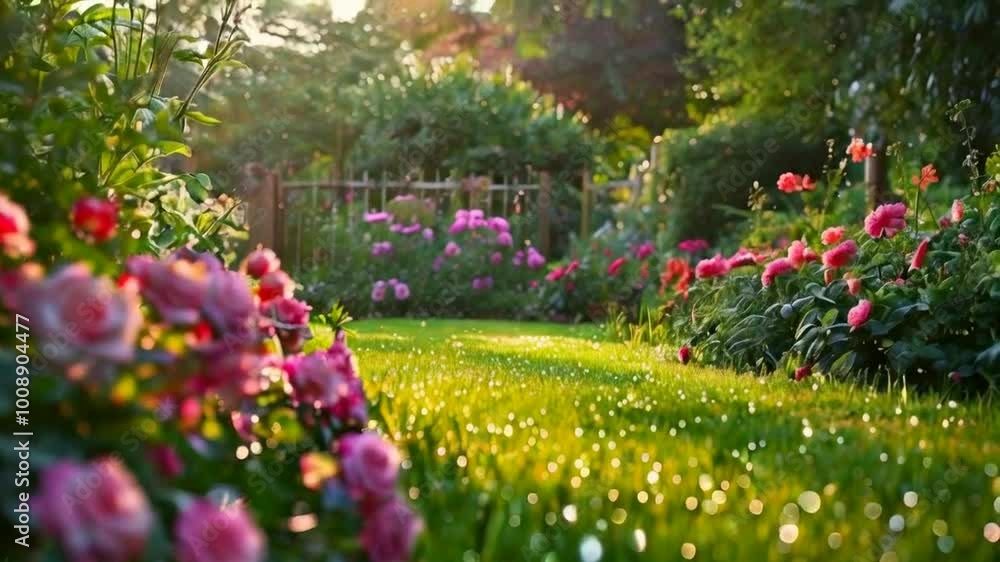 A vibrant garden scene with colorful flowers and lush green grass illuminated by sunlight. A vibrant garden scene with colorful flowers and lush green grass illuminated by sunlight.