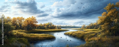 Peaceful Family Fishing Trip on a Serene Riverbank, Surrounded by Soothing Nature and Distant Birds Flying Overhead photo