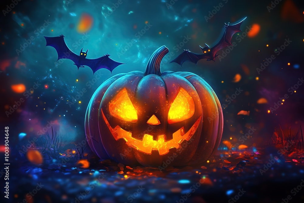 Dark halloween background. Glowing pumpkin on a concrete floor with fog, smog, neon light and cobweb
Dark halloween background. Glowing pumpkin on a concrete floor with fog, smog, neon light and cobweb