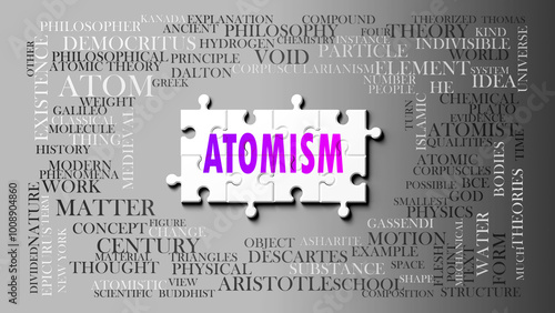 Atomism as a complex subject, related to important topics. Pictured as a puzzle and a word cloud made of most important ideas and phrases related to atomism. ,3d illustration photo