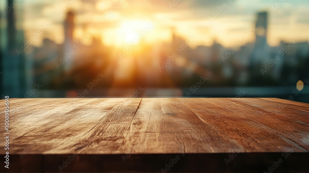 A wooden table is placed on a terrace, offering a view of a city skyline. The setting sun casts warm hues across the horizon, inviting relaxation and reflection. A wooden table is placed on a terrace, offering a view of a city skyline. The setting sun casts warm hues across the horizon, inviting relaxation and reflection.