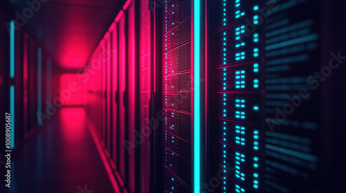 futuristic data center with glowing servers and vibrant lighting creates high tech atmosphere. blue and pink hues enhance modern feel of environment, showcasing advanced technology