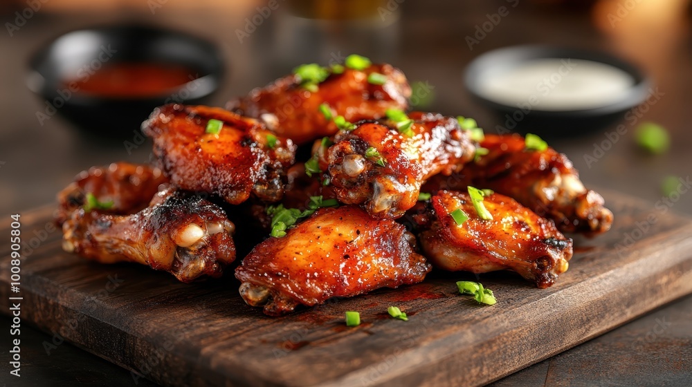 A mouth-watering image of grilled chicken wings perfectly arranged and garnished with fresh green onions, capturing the essence of savory cuisine and indulgence. A mouth-watering image of grilled chicken wings perfectly arranged and garnished with fresh green onions, capturing the essence of savory cuisine and indulgence.