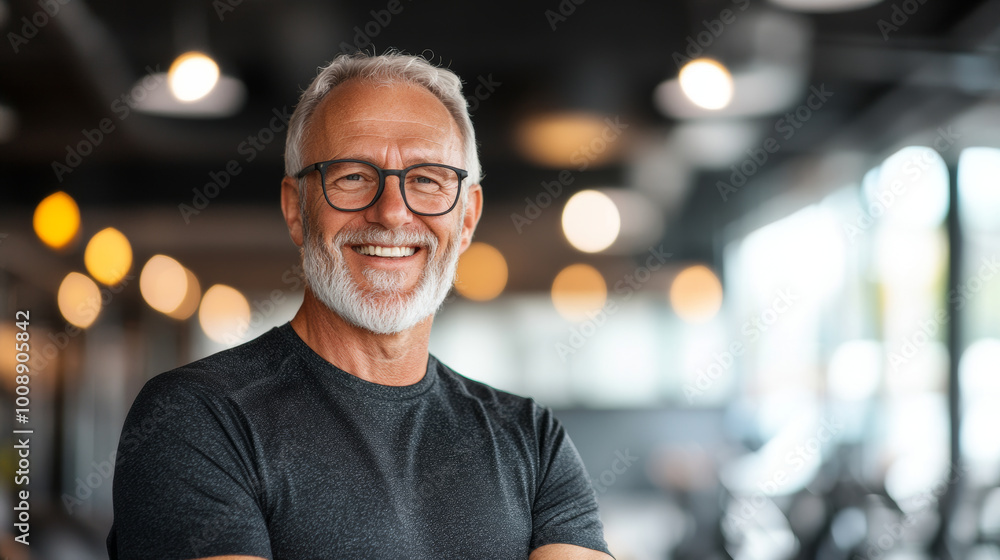 A smiling older man with glasses stands confidently in modern gym, showcasing healthy lifestyle. His joyful expression reflects positivity and vitality A smiling older man with glasses stands confidently in modern gym, showcasing healthy lifestyle. His joyful expression reflects positivity and vitality