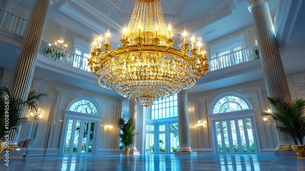 Obraz premium Elegant chandelier in a spacious foyer, showcasing luxury and sophistication.