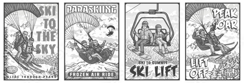 Colorful vintage style posters capture joy of snowboarders and paragliders in snowy mountains, perfect for adventure seekers enjoying winter sports