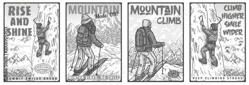 Set of four colorful posters featuring people enjoying winter sports in a mountain landscape, perfect for promoting outdoor activities and a healthy lifestyle