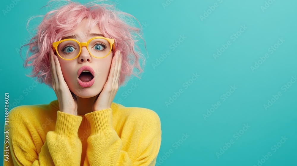 A vibrant woman with pink hair, wearing striking yellow glasses and a sweater, exhibits an astonished expression, set against a teal background to highlight contrast and emotion. A vibrant woman with pink hair, wearing striking yellow glasses and a sweater, exhibits an astonished expression, set against a teal background to highlight contrast and emotion.