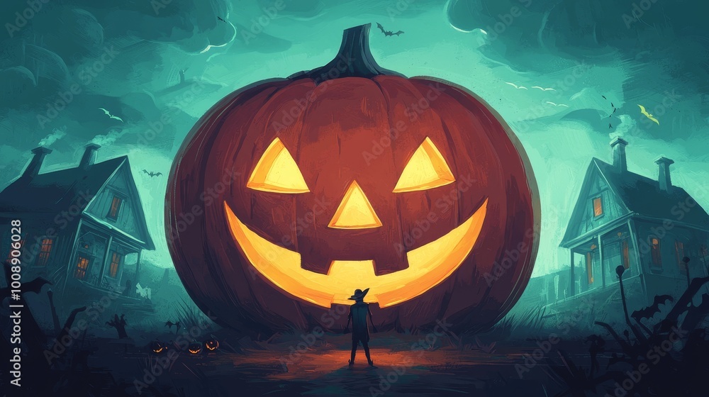 Gigantic Halloween pumpkin with smiling face, spooky atmosphere. Gigantic Halloween pumpkin with smiling face, spooky atmosphere.